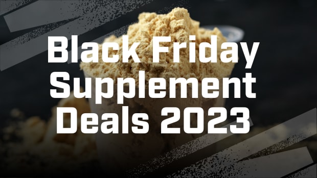 text that reads Black Friday Supplement Deals, black background featuring a scoop of protein powder